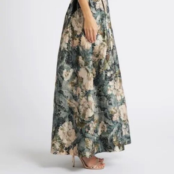 Tahari Sage Green Multi Floral Crushed Taffeta Strapless Ball Gown - Picture 4 of 6